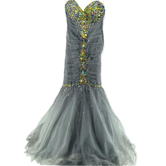 Jovani Pewter Beaded Strapless Prom Gala Pageant Mermaid Evening Gown Size 0 - Picture 3 of 17